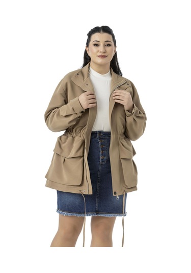 Büyük Beden Çıtçıt Ve Fermuar Kapamalı Beli Büzgülü Astarlı Vizon Trençkot Vizon