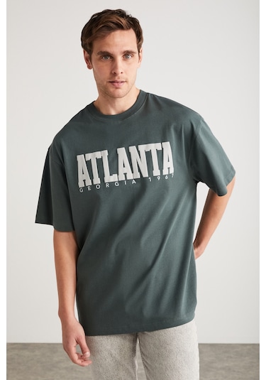 ATLANTA Erkek %100 Pamuklu Kısa Kollu Baskı Detaylı Yeşil T-Shirt