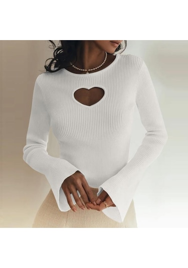 Vonda Kadın Vintage Yuvarlak Yaka Uzun Kollu Dar Kazak Kazaklar Beyaz