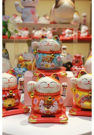 Seramik Maneki Neko Turuncu Güneş Enerjili Şans Kedisi 12cm No.4