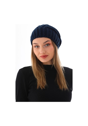 Kadın Kalın Lacivert Örgü Ponponlu Bere Lacivert