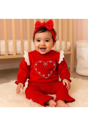 Fiyonk Kalp Baskılı Fitilli Tayt Mevsimlik 2 Parça Set Kırmızı