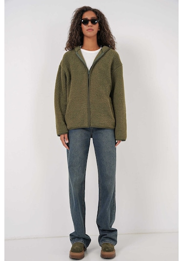 Gabria Kapüşonlu Fermuarlı Hırka Haki