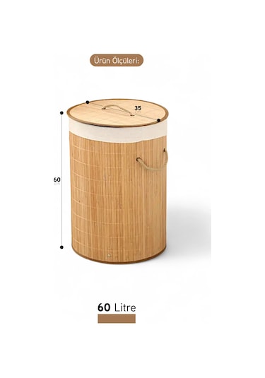 İronika Bambu Kirli Çamaşır Sepeti Halatlı Bambu Çamaşır Oyuncak Sepeti Yuvarlak Açık Kahverengi