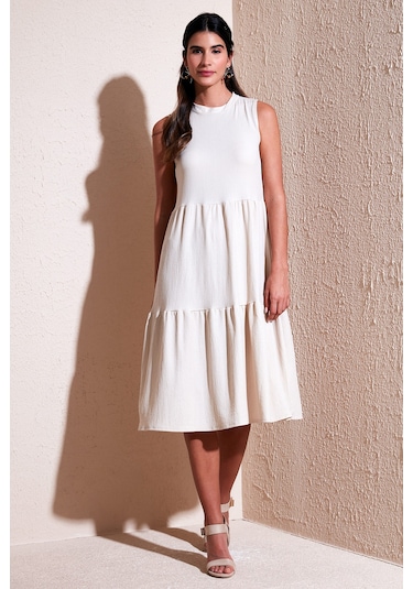 Lela Regular Fit Kolsuz Midi Bayan Elbise 5869008 Taş