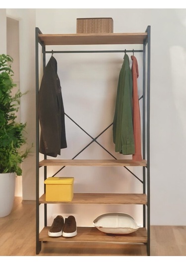 Metal Gardırop Çam Renk Ahşap Raflı Dolap Matkapsız Kolay Kurulum Siyah