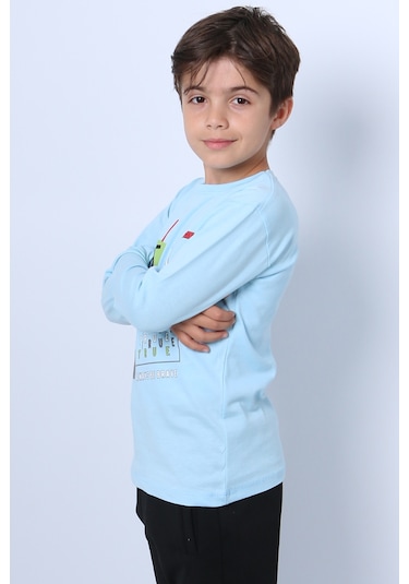 Hçm Erkek Çocuk Uzun Kollu Tshirt Stay True Baskılı Bisiklet Yaka E29 Turkuaz
