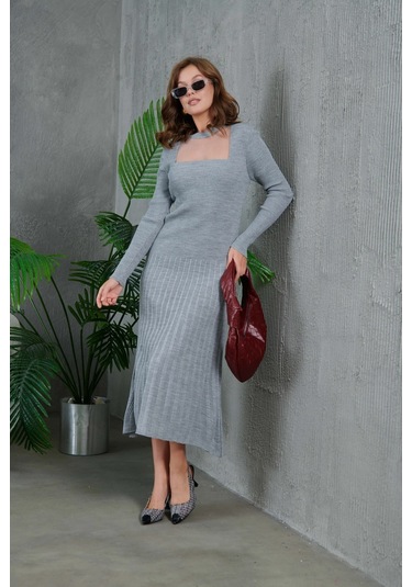 Kadın Bisiklet Yaka Tül Detay Maksi Boy Fitilli Triko Elbise Gri