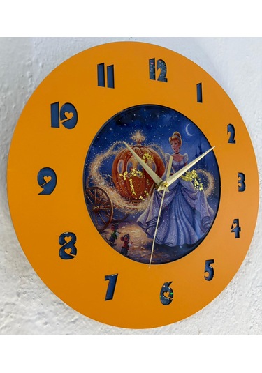 Kişiye Özel İsimli Çocuk Odası Duvar Saati Epoksi Dolgulu 35 Cm Masallar Serisi Turuncu - Mavi