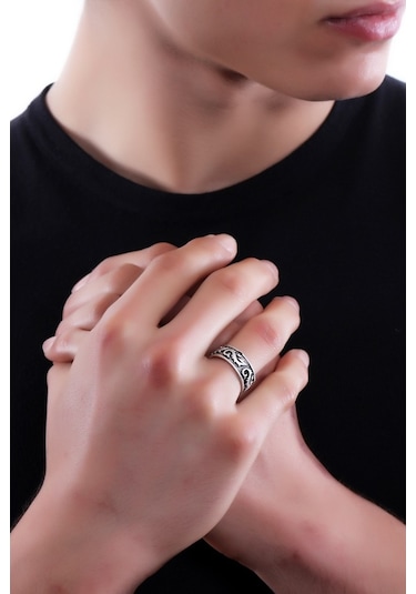 Erkek Antik Gümüş Kaplama Ejderha Baskılı  Yüzük Çok Renkli