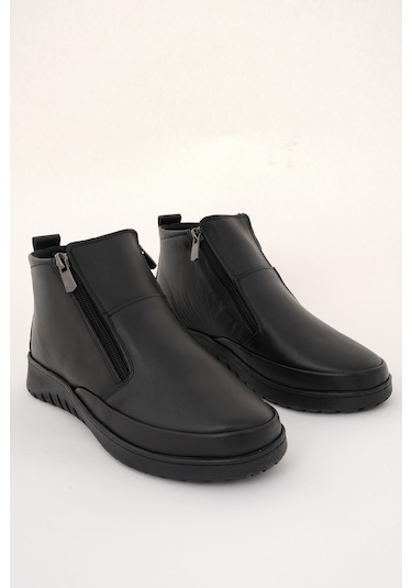 Muggo Feniks Hakiki Deri Çift Fermuarlı Kadın Bot Siyah