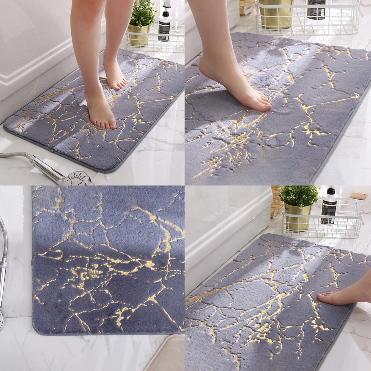 Youmex Siyah Mermer Desenli Yumuşak Tavşan Kürkü Klonu Banyo/pencere Ped 40x60cm - Su Emici, Kayma Engeli, Makine Yıkama Uygun Siyah