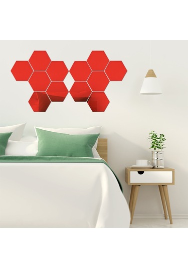 Hangfox Kırmızı 4cm Kenar Hexagon Akrilik Duvar Sticker, Nem Ve Çürüme Dayanıklı, Dıy Dekorasyon, Ayna Efekti, 12 Adet Paket Diğer