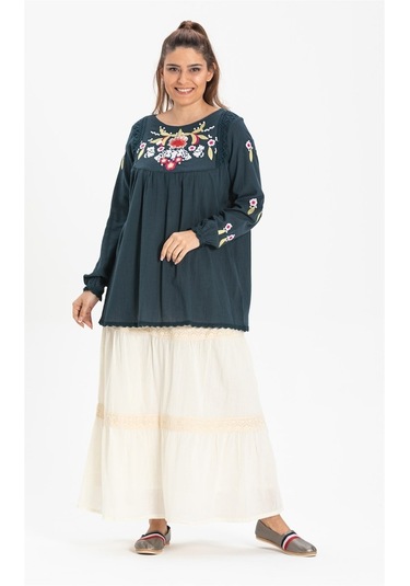 Uzun Şile Bezi Dantelli Etek Krem Krm