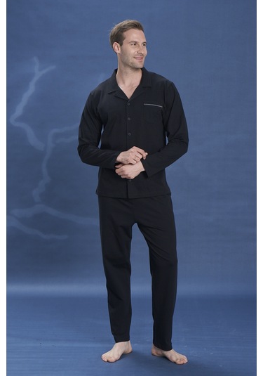 Erkek Penye Uzun Kol Pijama Takımı 2142 Siyah01 Siyah