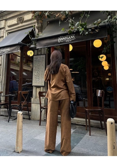 Süet Gömlek Palazzo Pantolon İkili Takım - Kahve Kahve