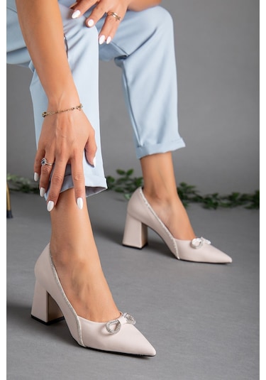 Saten Taşlı Kalın Topuk Ten Kadın Stiletto-2030-TEN