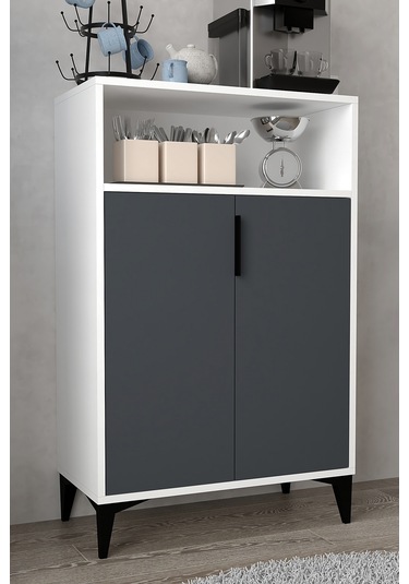 1202 Ada Çok Amaçlı Dolap , Kahve Köşesi , Kiler Dolabı , Mutfak Standı 2 Kapılı - Beyaz Antrasit Antrasit - Beyaz