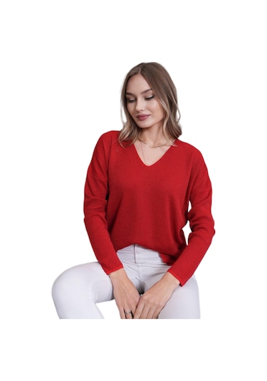 Kadın V Yaka Yaka Simli Kazak 12815 Bgl-st04225 Kırmızı