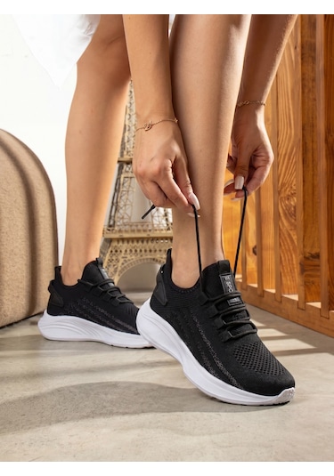 Siyah Beyaz Unisex Yürüyüş Hafif Triko Ayakkabı-015 SİYAH-BEYAZ