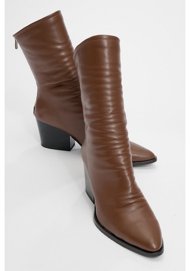 Luvishoes Luvi Shoes Laval Kahve Cilt Arkadan Fermuarlı Kadın Kalın Topuklu Bot Kahverengi
