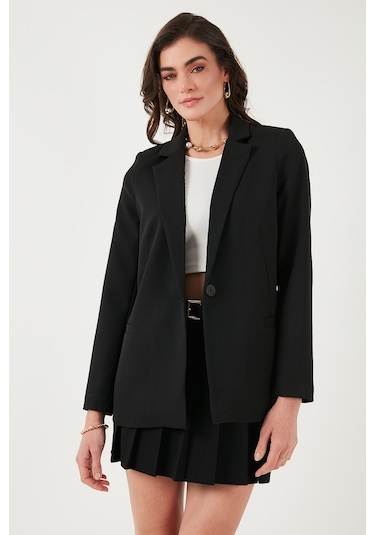 Lela Standart Fit Mono Yaka Desenli Astar Detaylı Blazer Bayan Ceket 6524003 Siyah