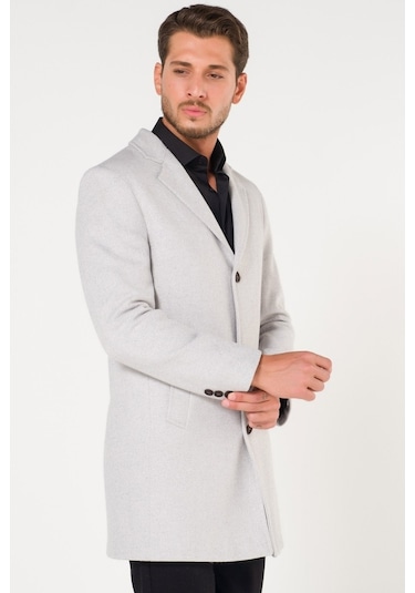 Slim Fit V Yaka Kışlık Kırçıllı Beyaz Kaşe Kaban-Beyaz