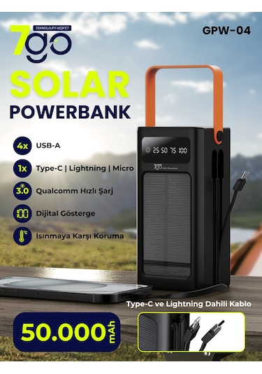 7go Gpw-04 50.000mah Solar Powerbank 4xusb-a, Qualcomm 3.0 Şarj Dahili Lightning & Usb-c Ka Siyah