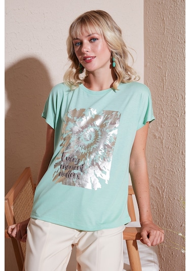 Lela Baskılı Bisiklet Yaka Regular Fit Bayan T Shirt 6671001 Mint