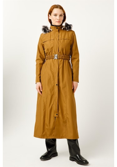 Üst Bölümü Dikiş Detaylı İçi Kürk Kaplı Bondit Parka Taba-taba Taba