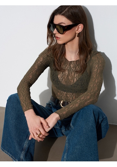 Dilvin 32764 Kayık Yaka Dantel Top-haki