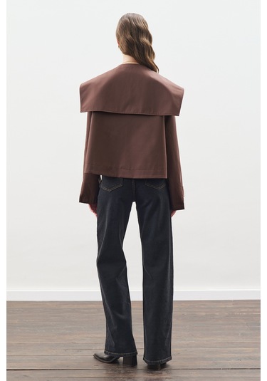 Geniş Yaka Gabardin Ceket Çikolata Çikolata