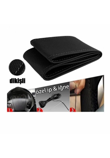 Deri Direksiyon Kılıfı Dikmeli Siyah Dikişli Kokusuz