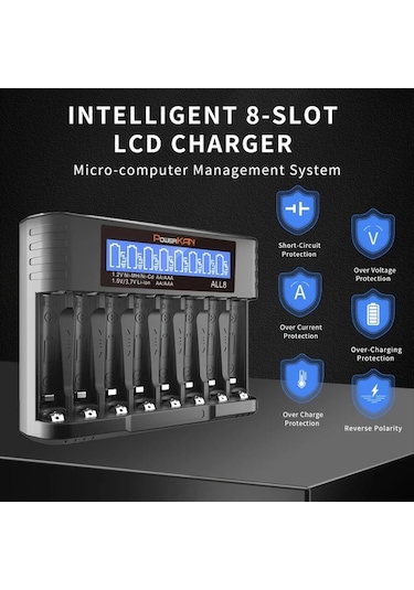 Xuweiwei Powerkan 8 Yuvalı Aa Aaa Pil Şarj Cihazı Tümü8 1.2v Ni-mh Ni-cd 350mahx8 1.5v Li-ion 200mahx8 Usb-c Kablo Dahil