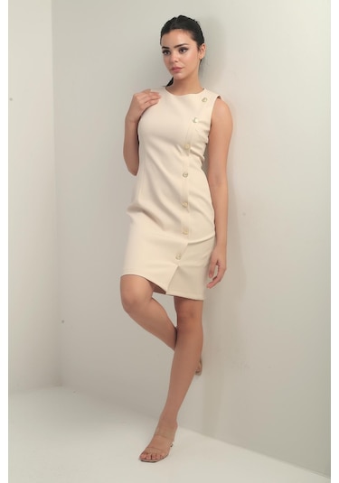 Kadın Kendinden Telalı Yan Düğmeli Kısa Elbise-40999 Bej