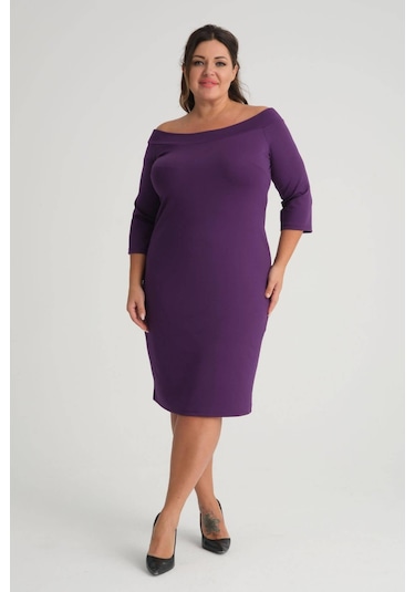 Kadın Mor Carmen Yaka Truvakar Kol Büyük Beden Esnek Krep Elbise-mor Mor
