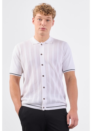 Dufy Beyaz Polo Düğmeli Fitilli Kısa Kollu Slim Fit Erkek Triko Beyaz