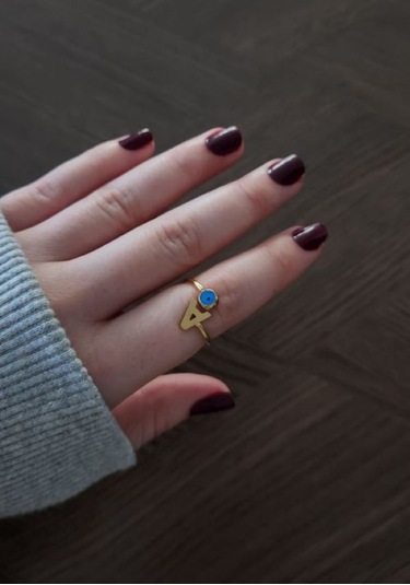 Kadın Nazar Boncuklu Ayarlamalı Çelik A Harf Yüzük 8886 Altın