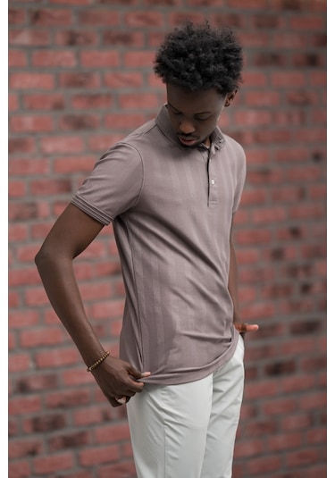 Regular Fit Likralı Kendinden Çizgili Polo Yaka T-shirt Vizon