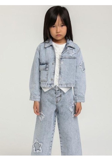 Kız Çocuk Yıldız İşlemeli Cepli Kot Ceket-15648 Mavi