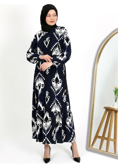 Desenli Bürümcük Elbise Mavi