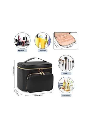 Büyük Makyaj Çantası, Kadınlar Kızlar İçin Taşınabilir Seyahat Makyaj Çantası Makyaj Fırçası Bölmeli, Saplı Ve Ayırıcılı Şık Makyaj Çantası Düzenleyici Kozmetik Çantası - Siyah Altın