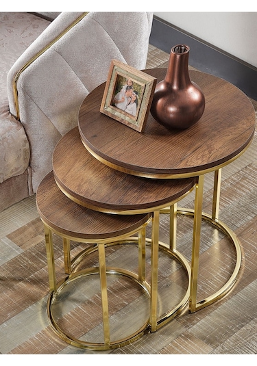 3' Lü Koyu Ceviz Ahşap Gold Metal Sehpa