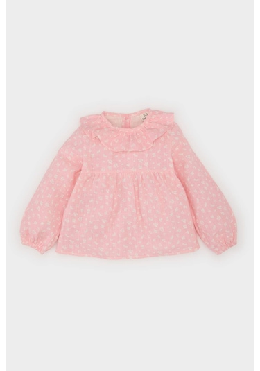 DeFacto Kız Bebek Çiçekli Flamlı Poplin Uzun Kollu Gömlek E6101A525SPPN127 Pembe