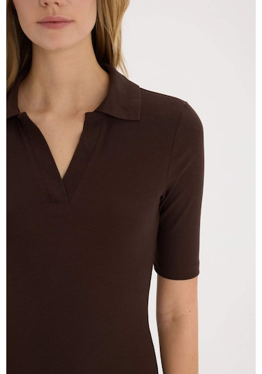 DeFacto Bodycon Vücudu Saran Polo Yaka Basic Düz Fitilli Kaşkorse Kısa Kollu Midi Elbise E6806AX25SPBN267