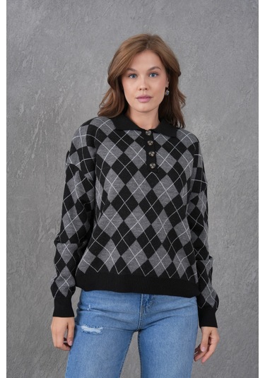 Kadın Polo Yaka Yarım Pat Düğme Detay Desenli Oversize Triko Kazak Siyah