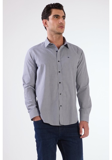 Lacivert Pamuklu Kare Desen Regular Fit Erkek Gömlek Lacivert