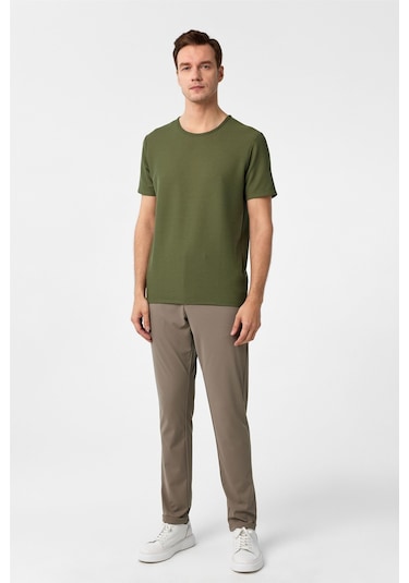 Haki Slim Fit Armürlü Bisiklet Yaka Tişört-37263 Haki