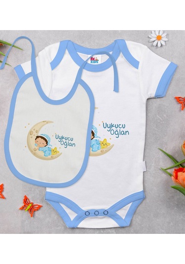 Bk Kids Uykucu Oğlan Tasarımlı Mavi Bebek Body Zıbın Ve Mama Önlü Çok Renkli