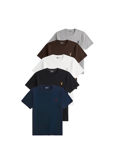 Genius Store Erkek 5'li Tişört %100 Pamuk Süprem Rahat Kalıp Basic Tişört Bisiklet Yaka Nakışlı T-shirt Erkek-5li Lacivert-siyah-beyaz-kahverengi-gri